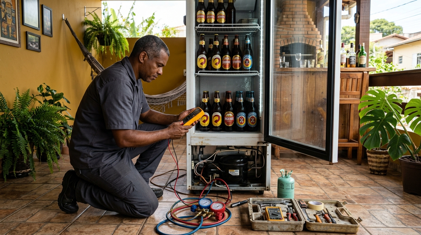 Placa eletrônica de cervejeira em reparo na bancada em Americana‑SP