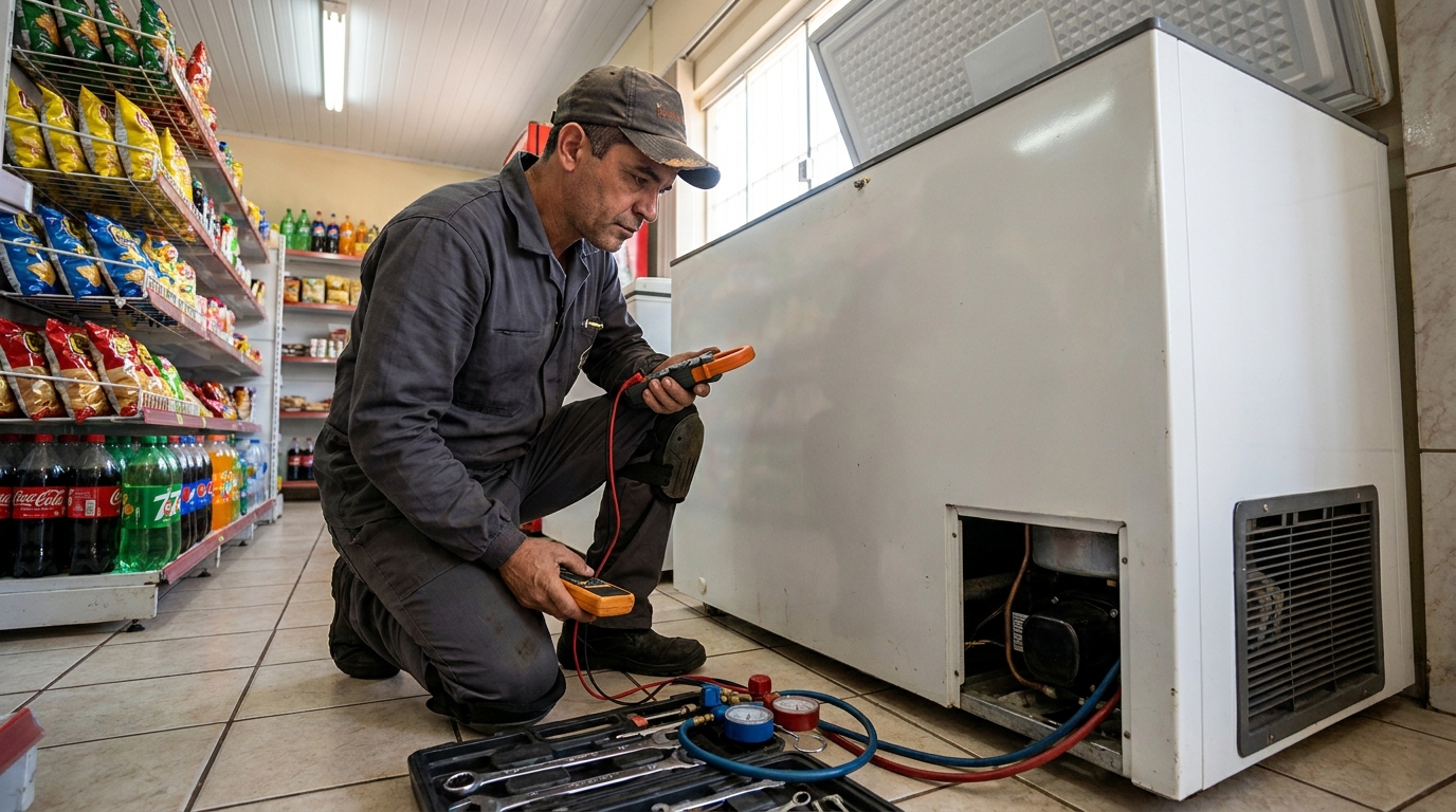 Reparo da placa eletrônica de um freezer em atendimento em Americana‑SP