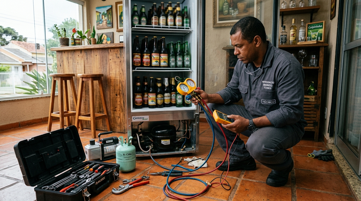 Técnico revisando o motor de uma cervejeira durante chamado em Americana‑SP