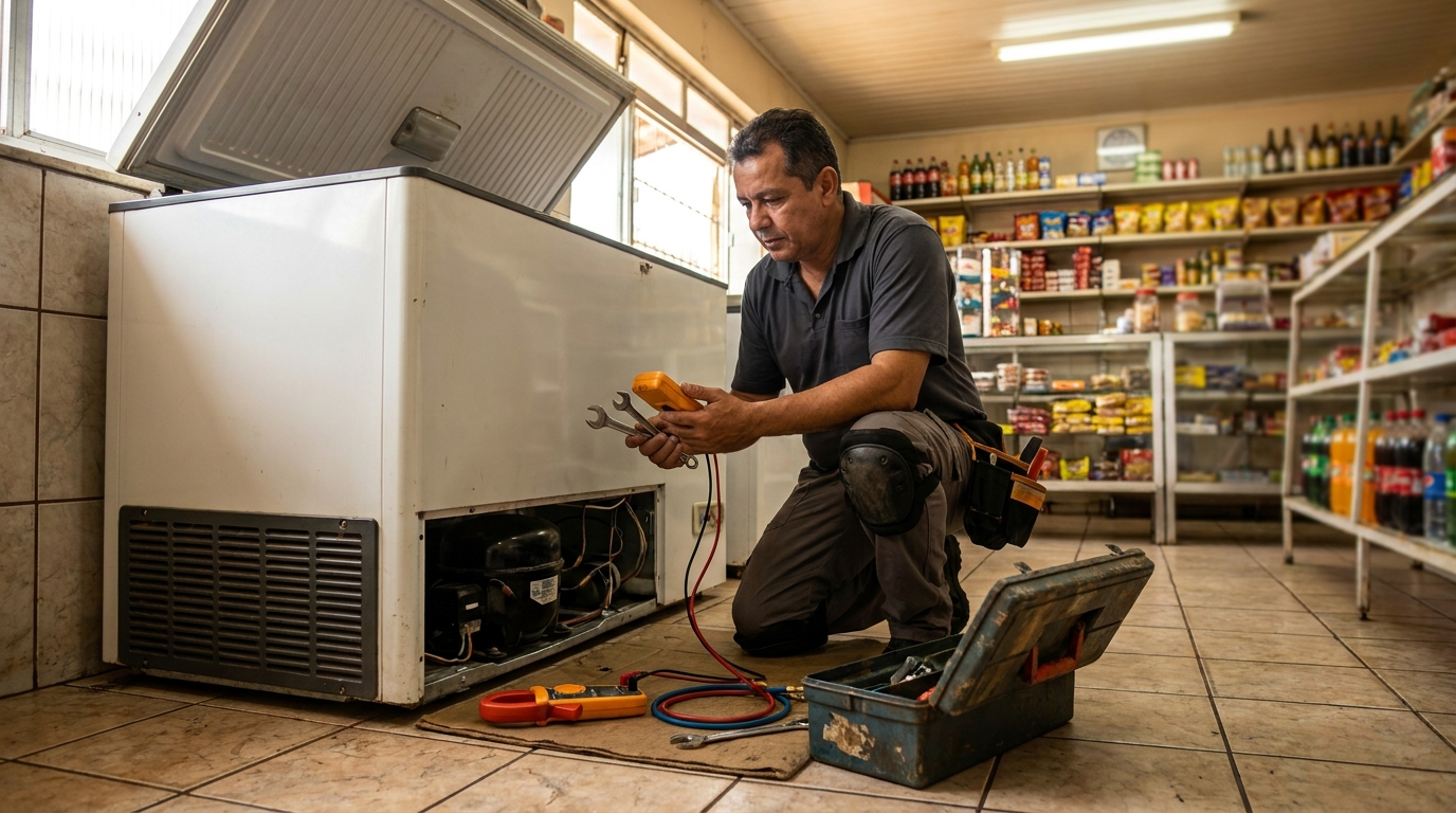 Técnico reparando o motor de um freezer horizontal em Americana‑SP