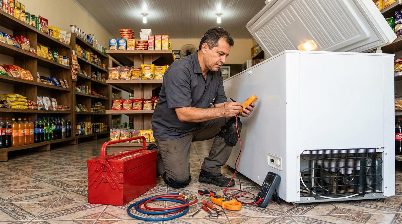 Manômetro conectado ao circuito durante recarga de gás de freezer em Americana‑SP